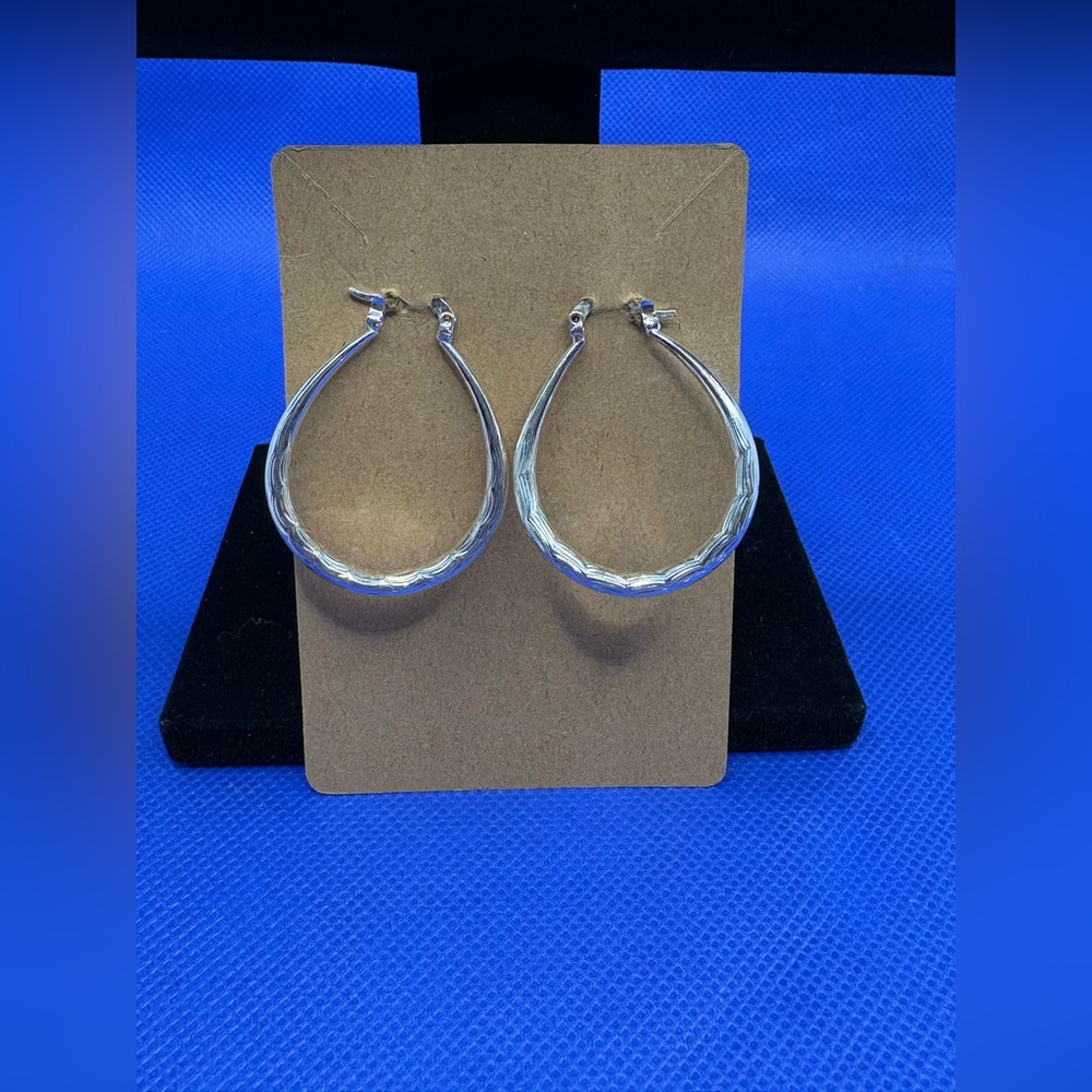 Sterling Silver Textured Hoop Earrings 925 Stamped Medium Size